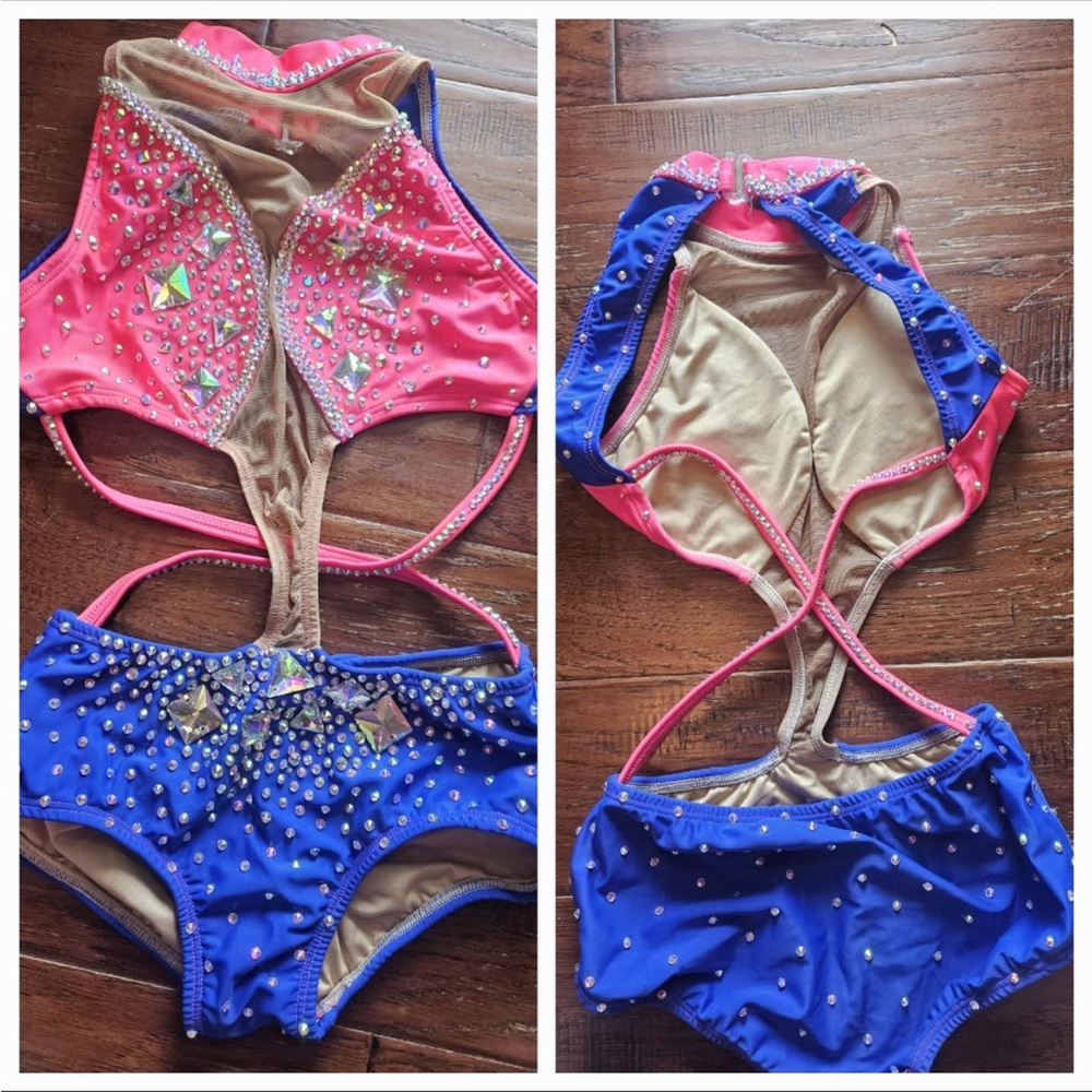 Custom TRIO Dance Costumes - Pink and Blue with lots of Rhinestones